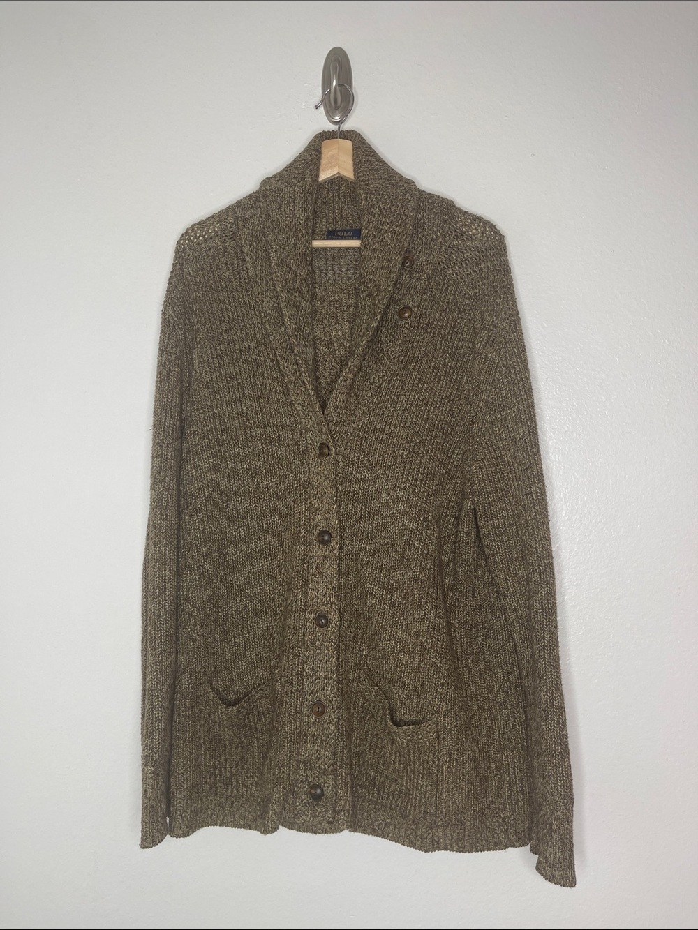 Polo Ralph Lauren Shawl Collar Cardigan Sweater Knit Size XL Linen Cotton Brown